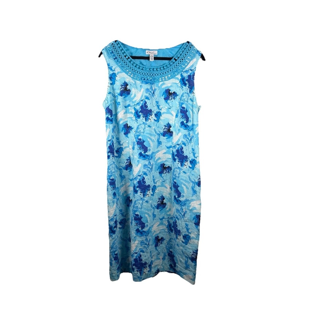Kim Rogers Womens Linen Dress 14 Shift Sleeveless Blue Floral Crochet Resort